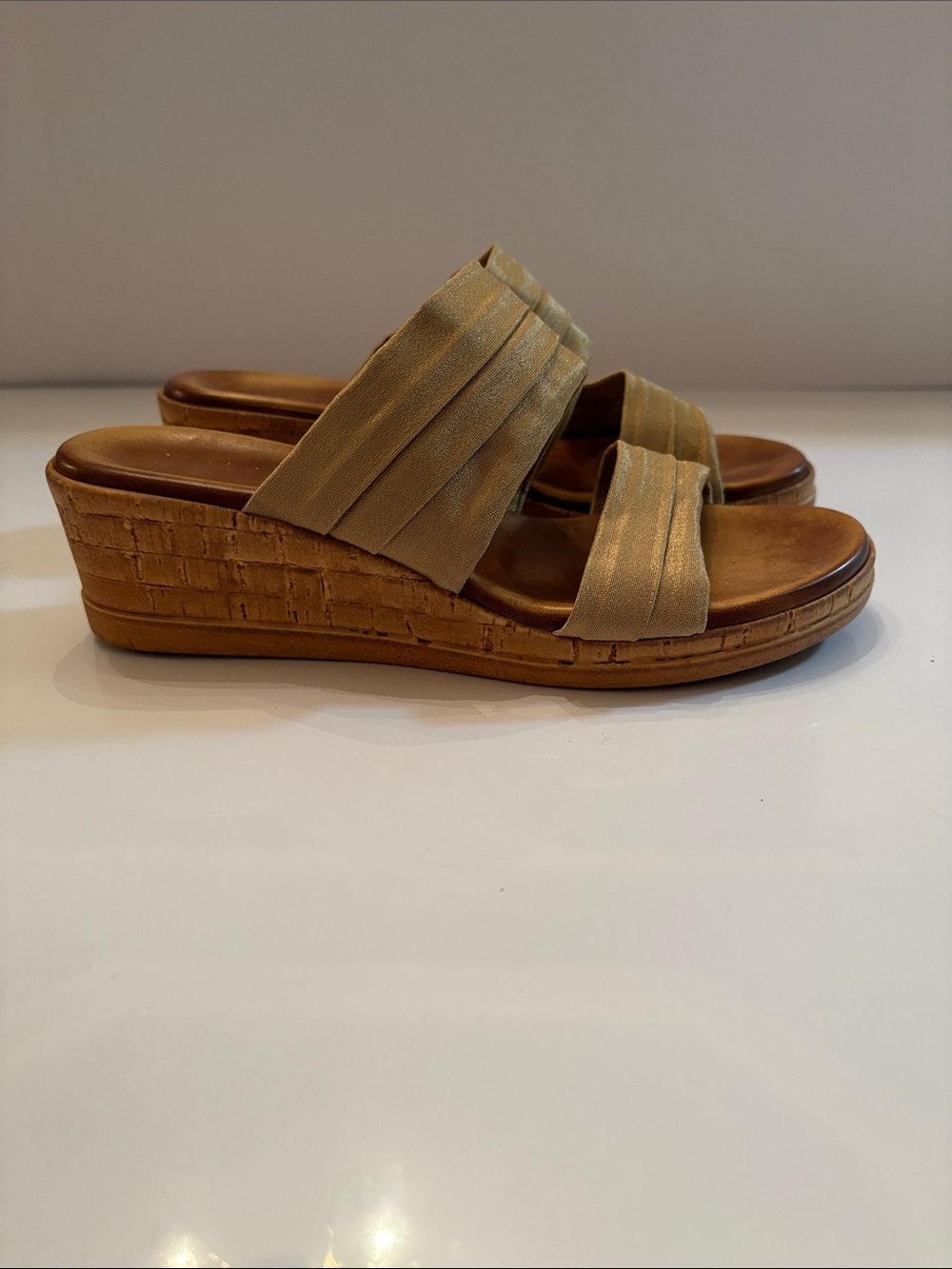 Italian Shoemakers Taupe Pleated Double-Strap Wedge Sandals